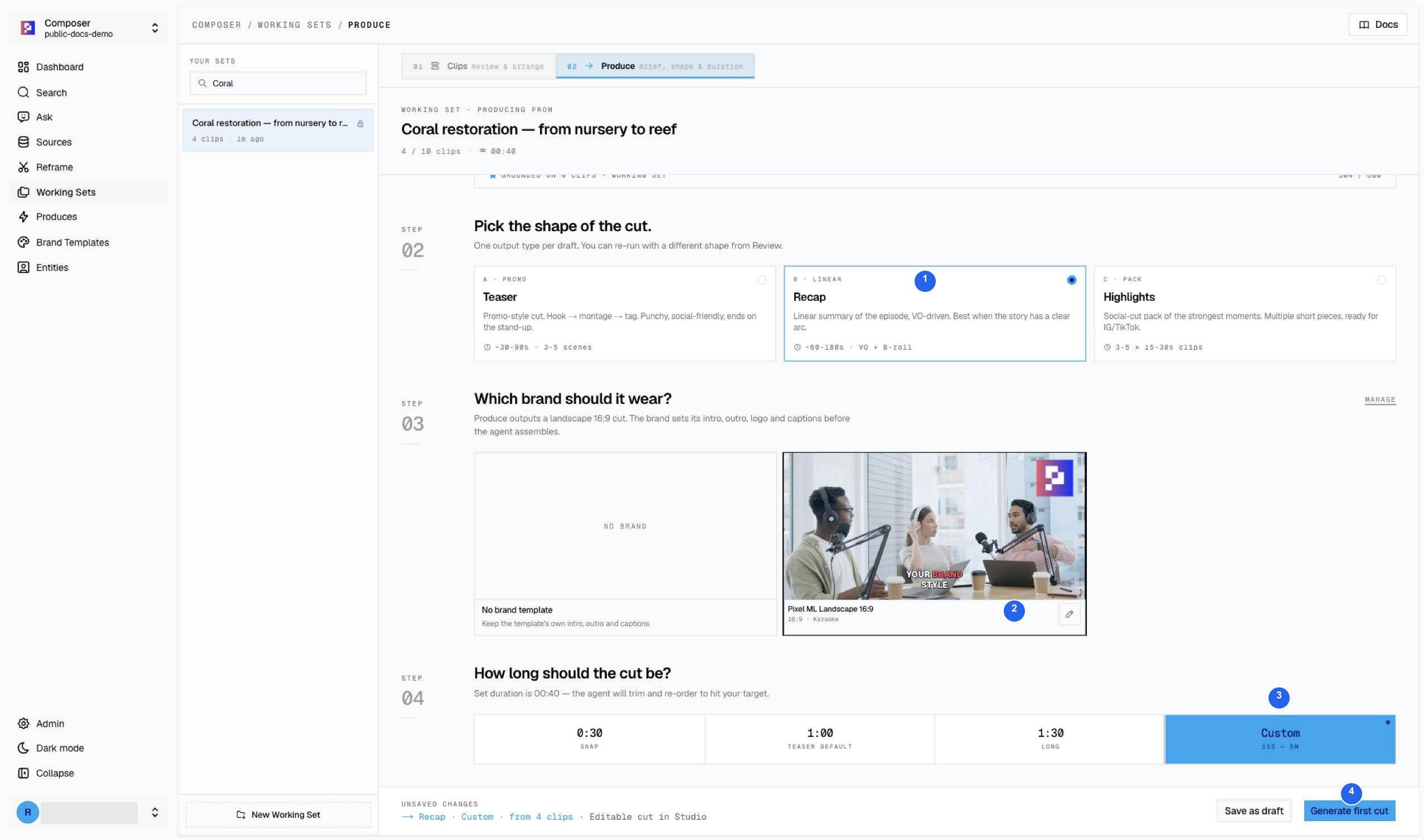 Recap, Pixel ML Landscape branding, Custom duration, and Generate first cut