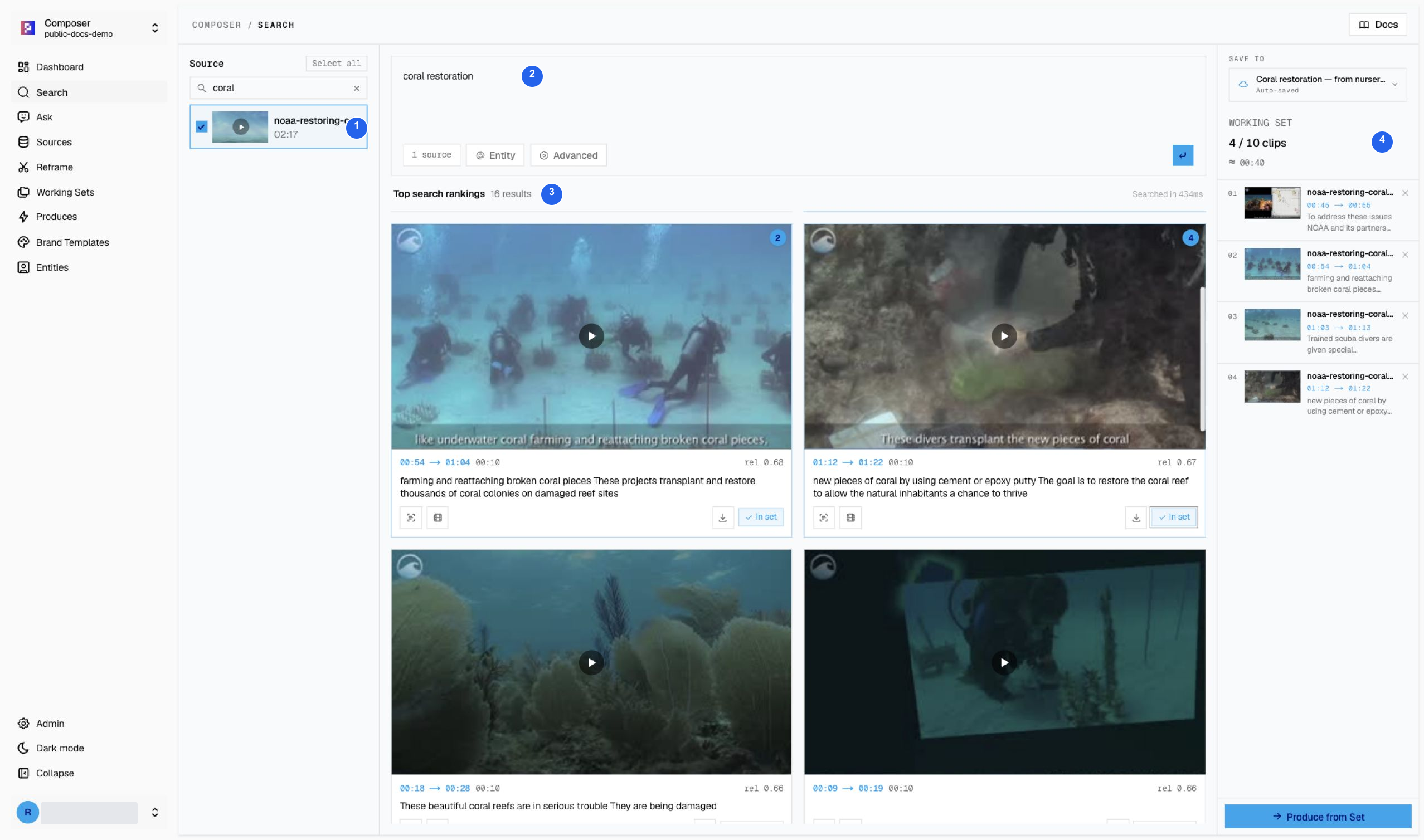Sixteen coral-restoration search results with four saved moments