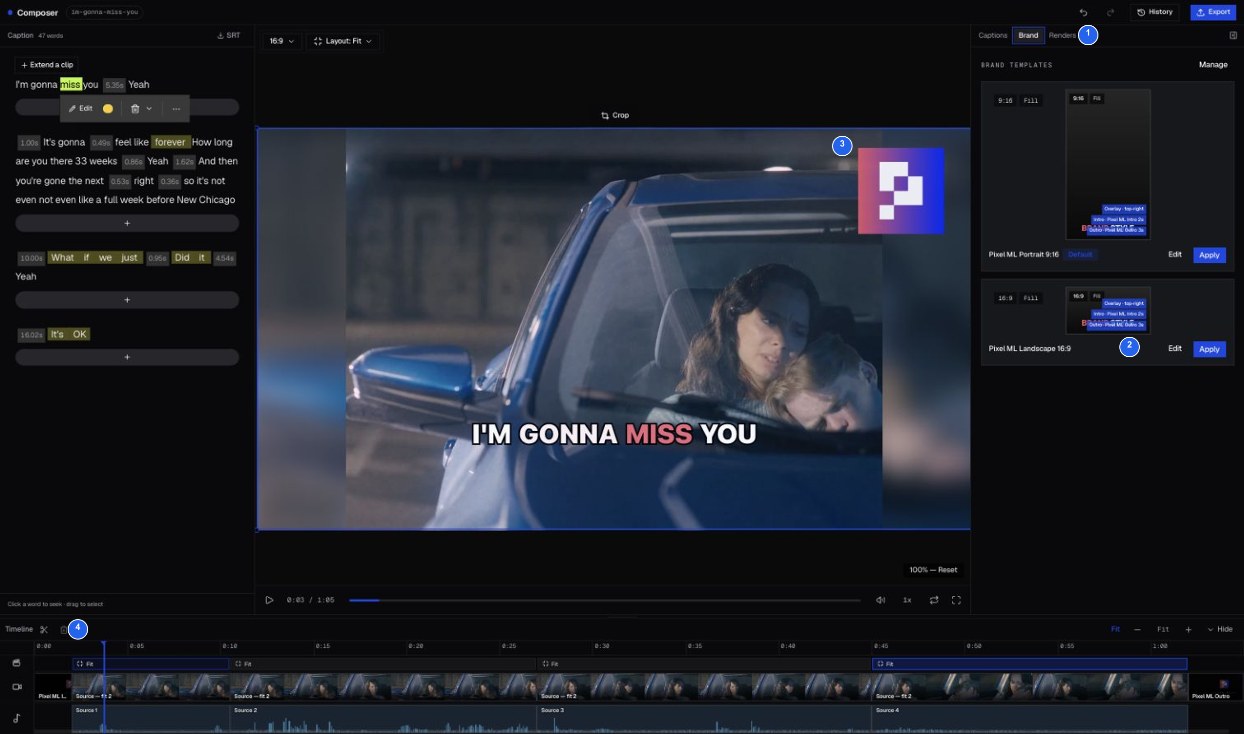 Pixel ML brand templates and bumpers beside the captioned Nina scene