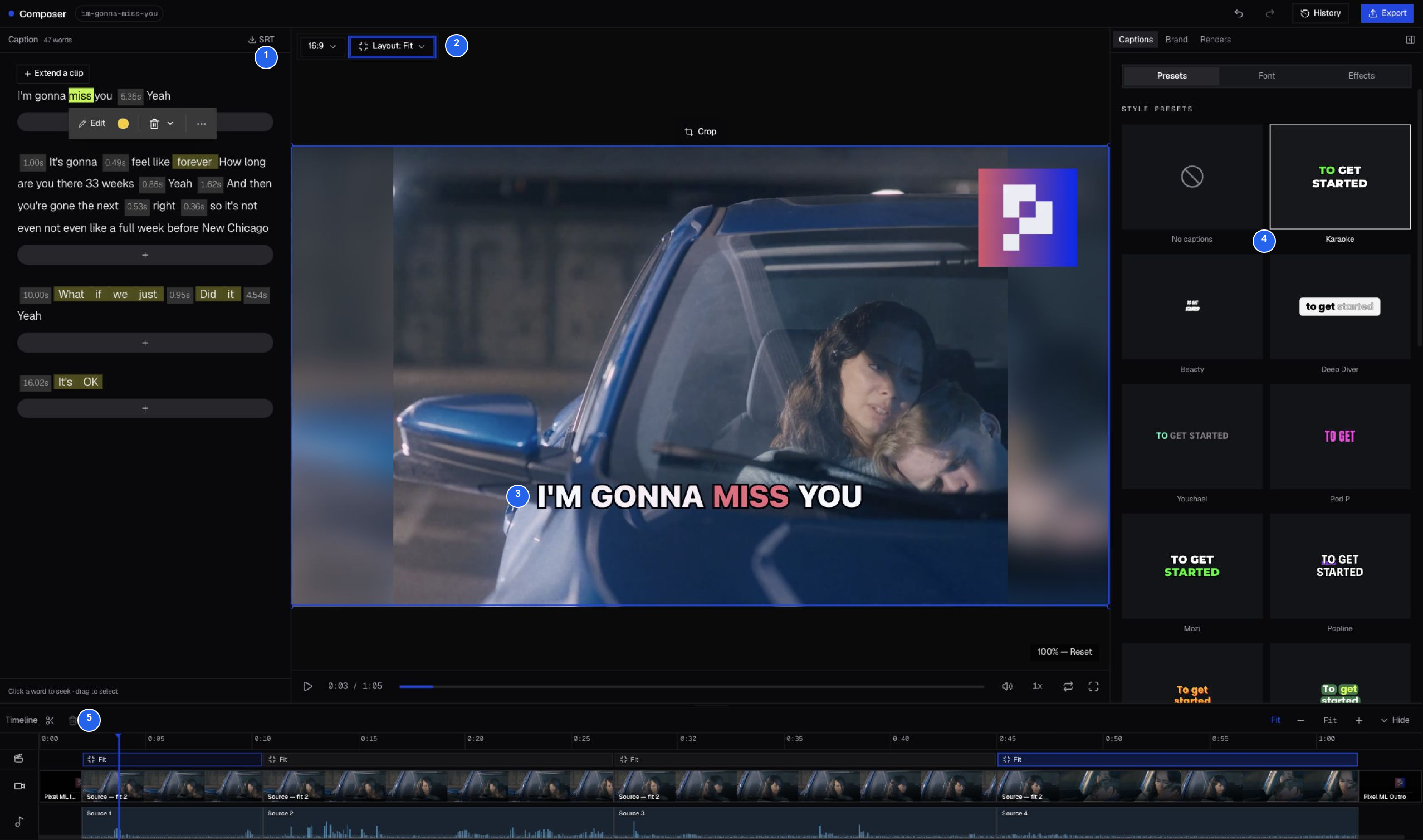 Nina's live-action dialogue with the visible I'm gonna miss you Karaoke caption