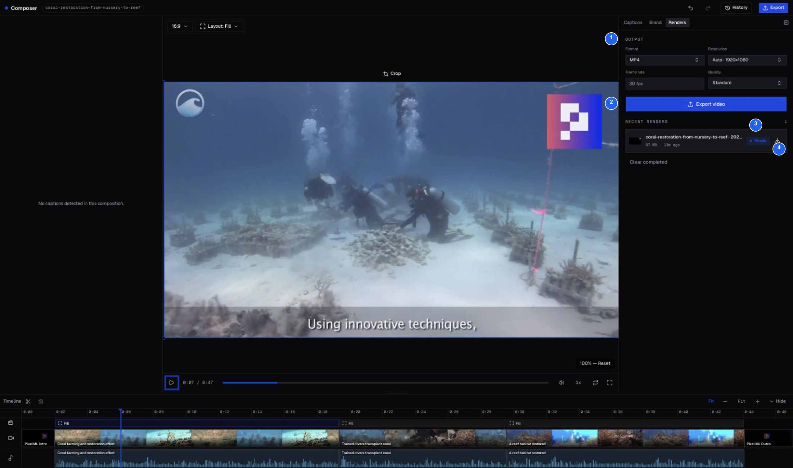 The coral-restoration MP4 in Studio's render panel