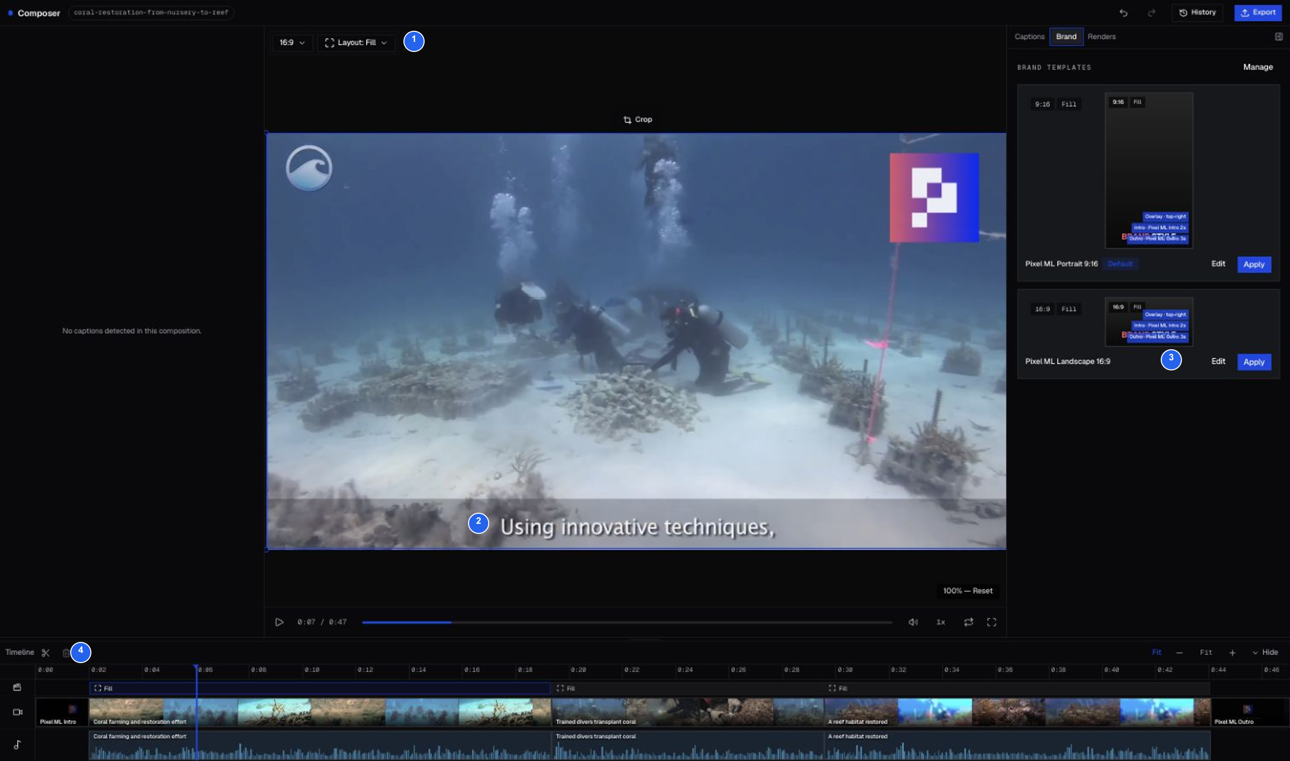 Color reef footage, original subtitles, and Pixel ML branding in Studio