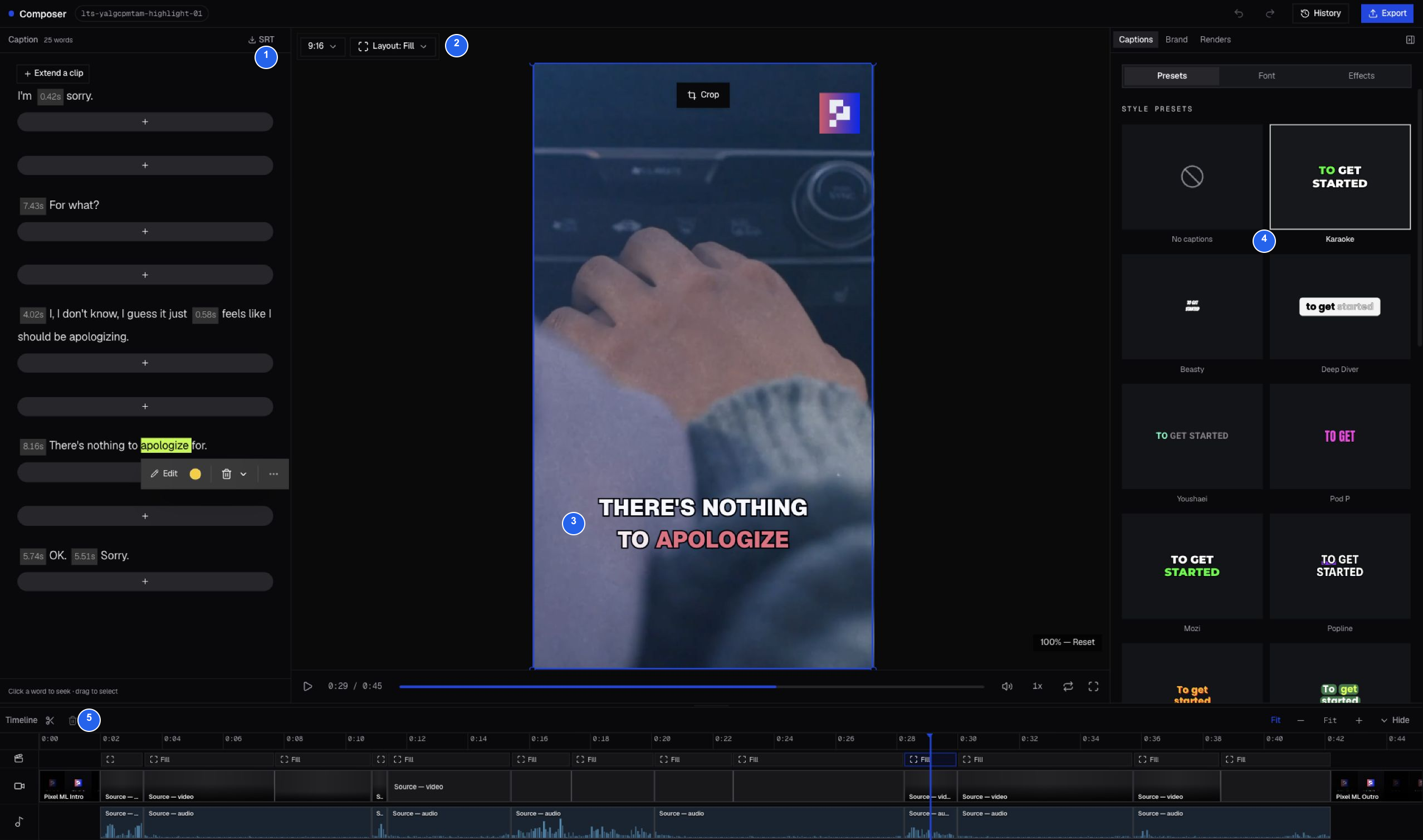 Nina in vertical Studio with a visible Karaoke caption and Pixel ML bumpers