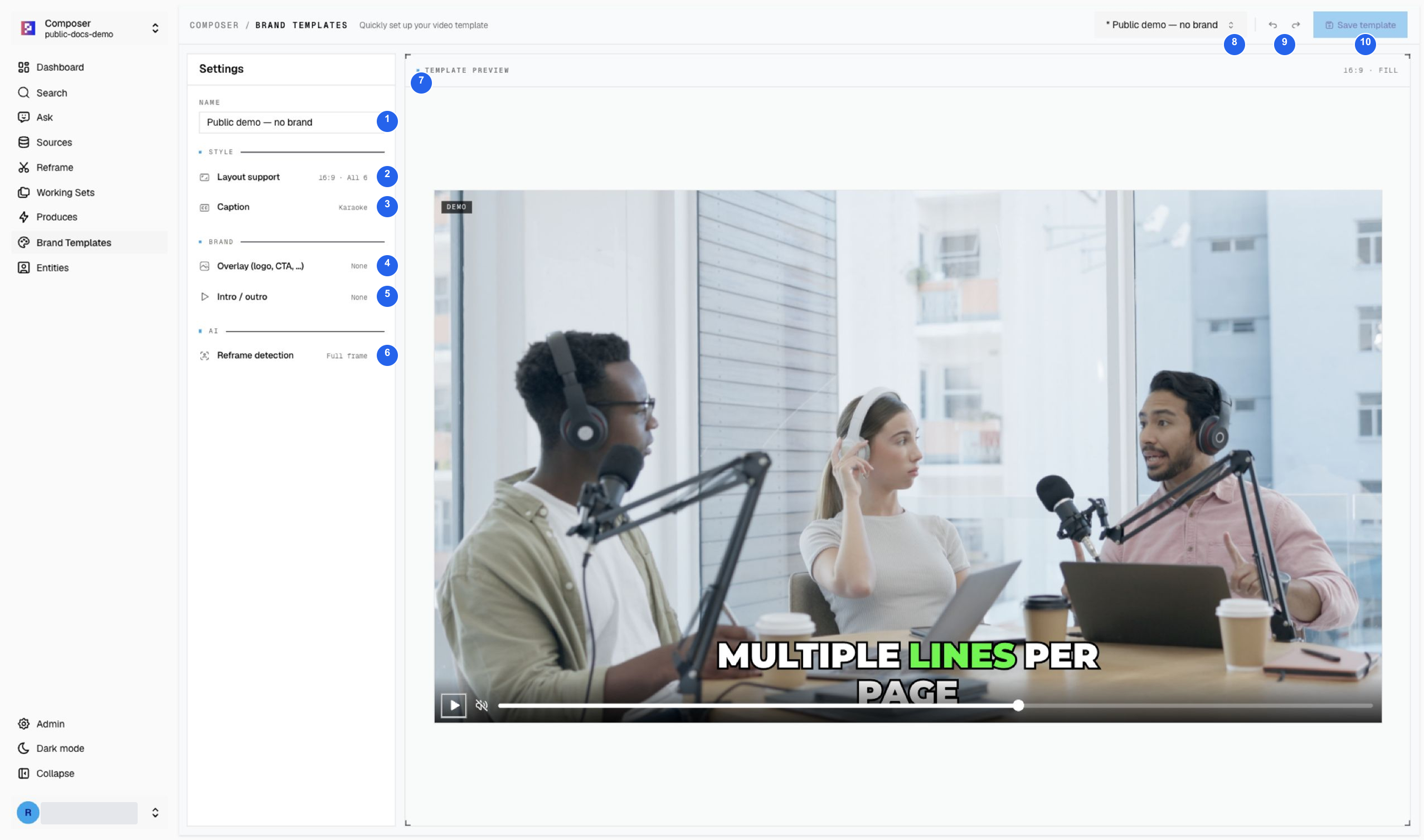 Brand Templates workspace with ten numbered controls