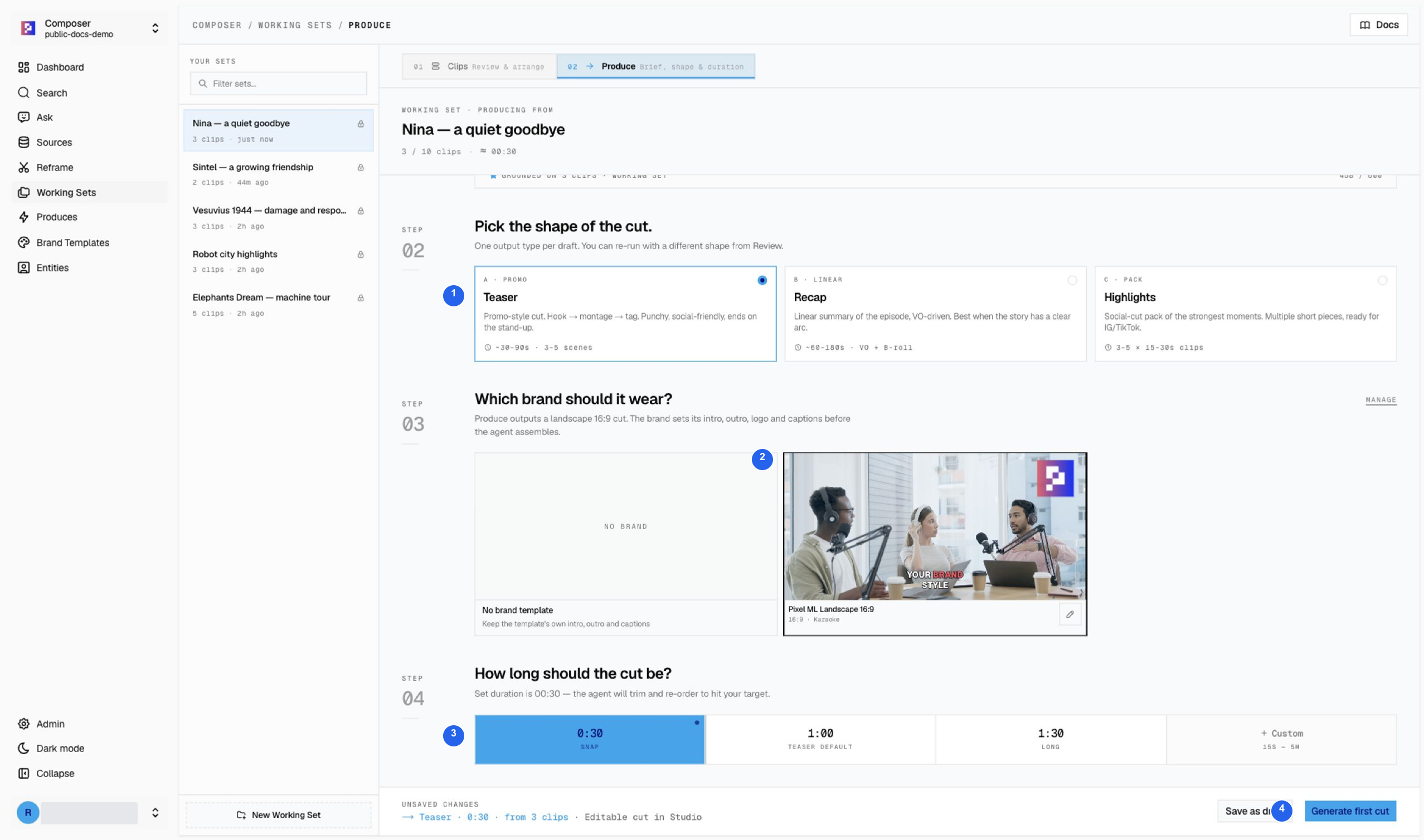 Teaser, Brand Template, duration, and Generate first cut options for Nina