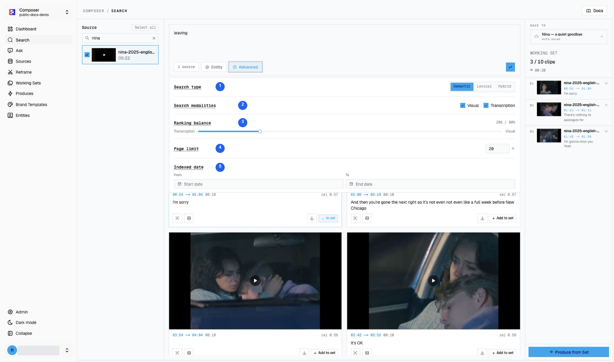 Advanced settings for live-action dialogue search