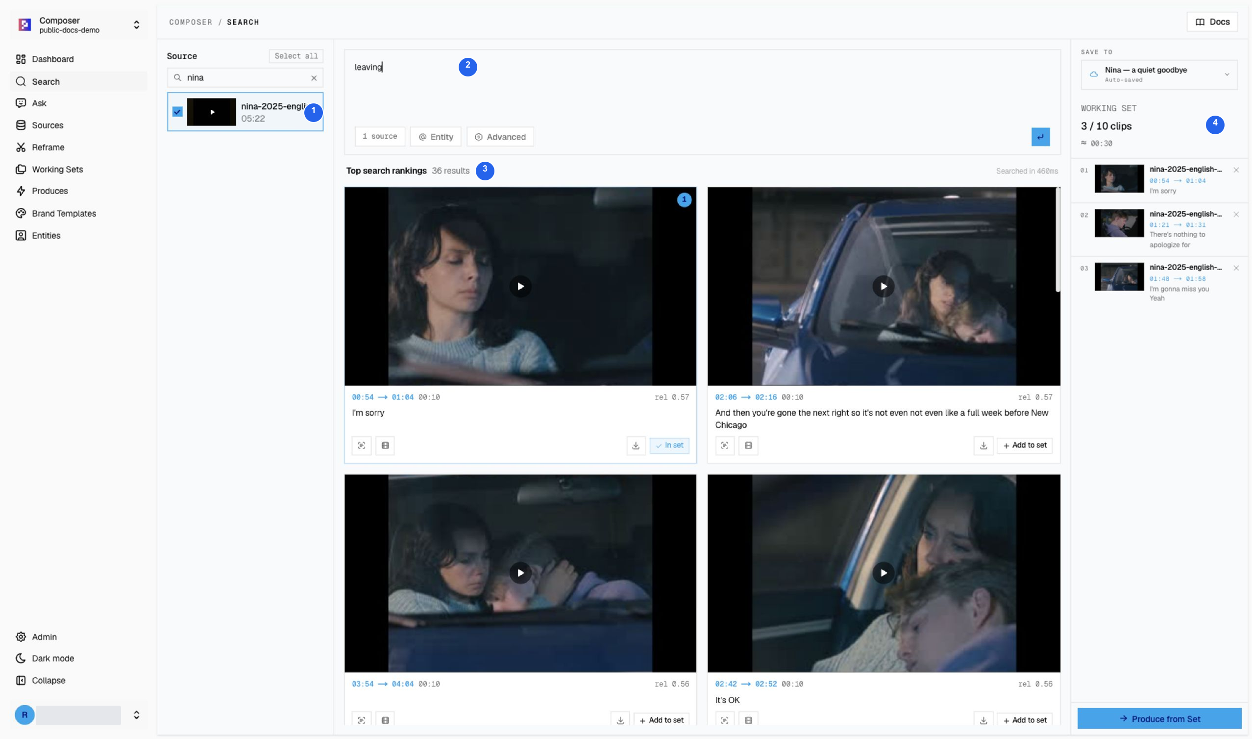 Live-action Nina search with three dialogue moments saved