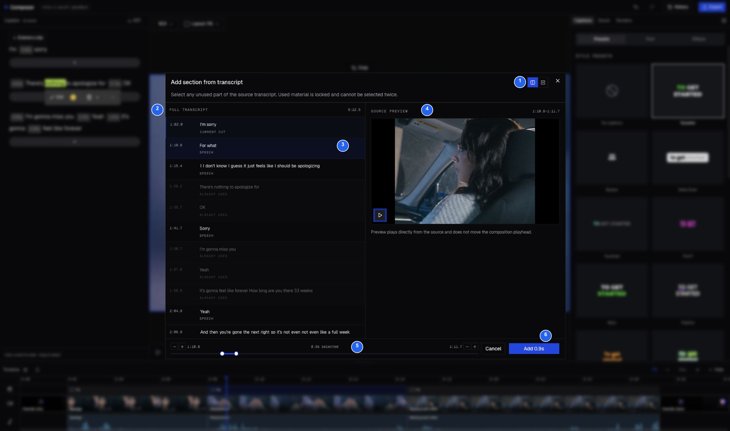Add section from transcript dialog with six numbered controls