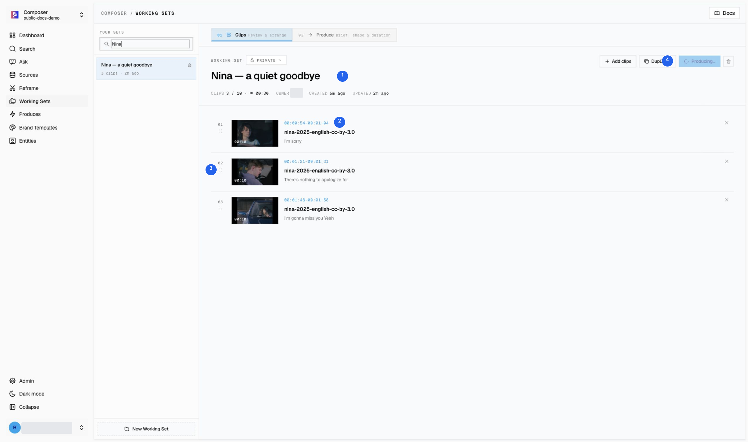 Three Nina dialogue clips in a focused live-action Working Set