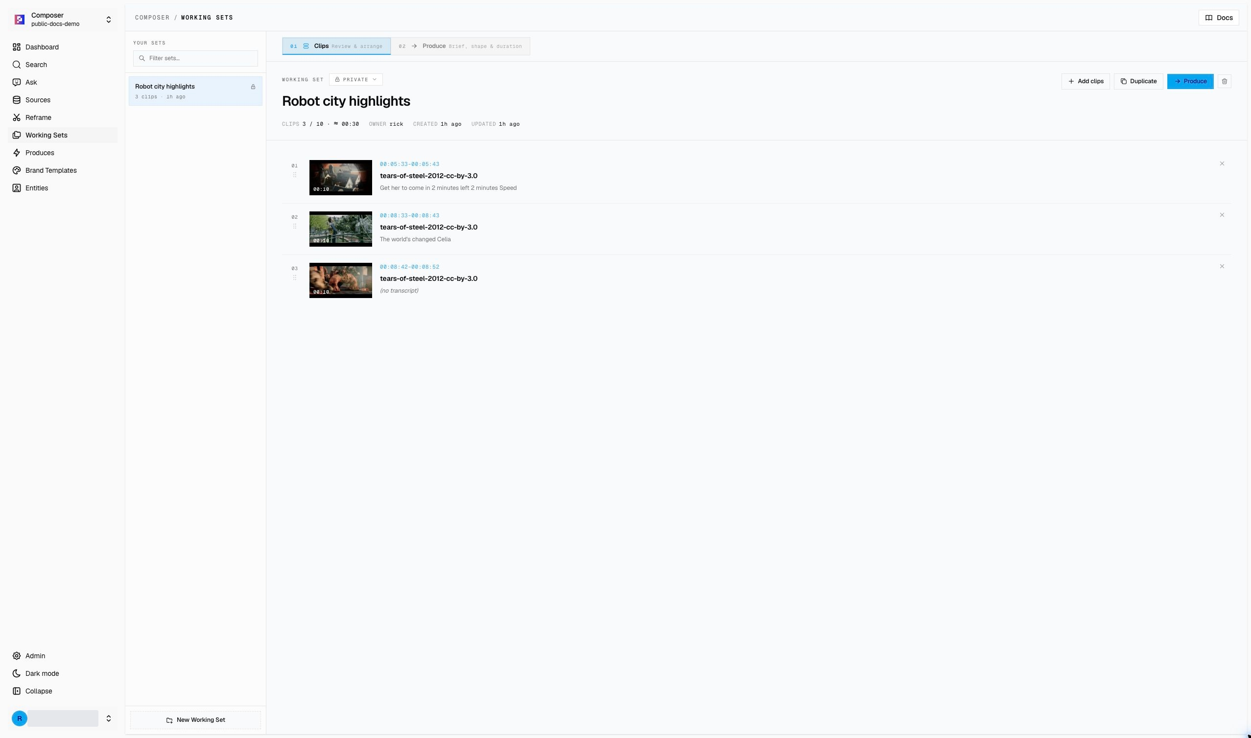 Public-source clips arranged in a Working Set